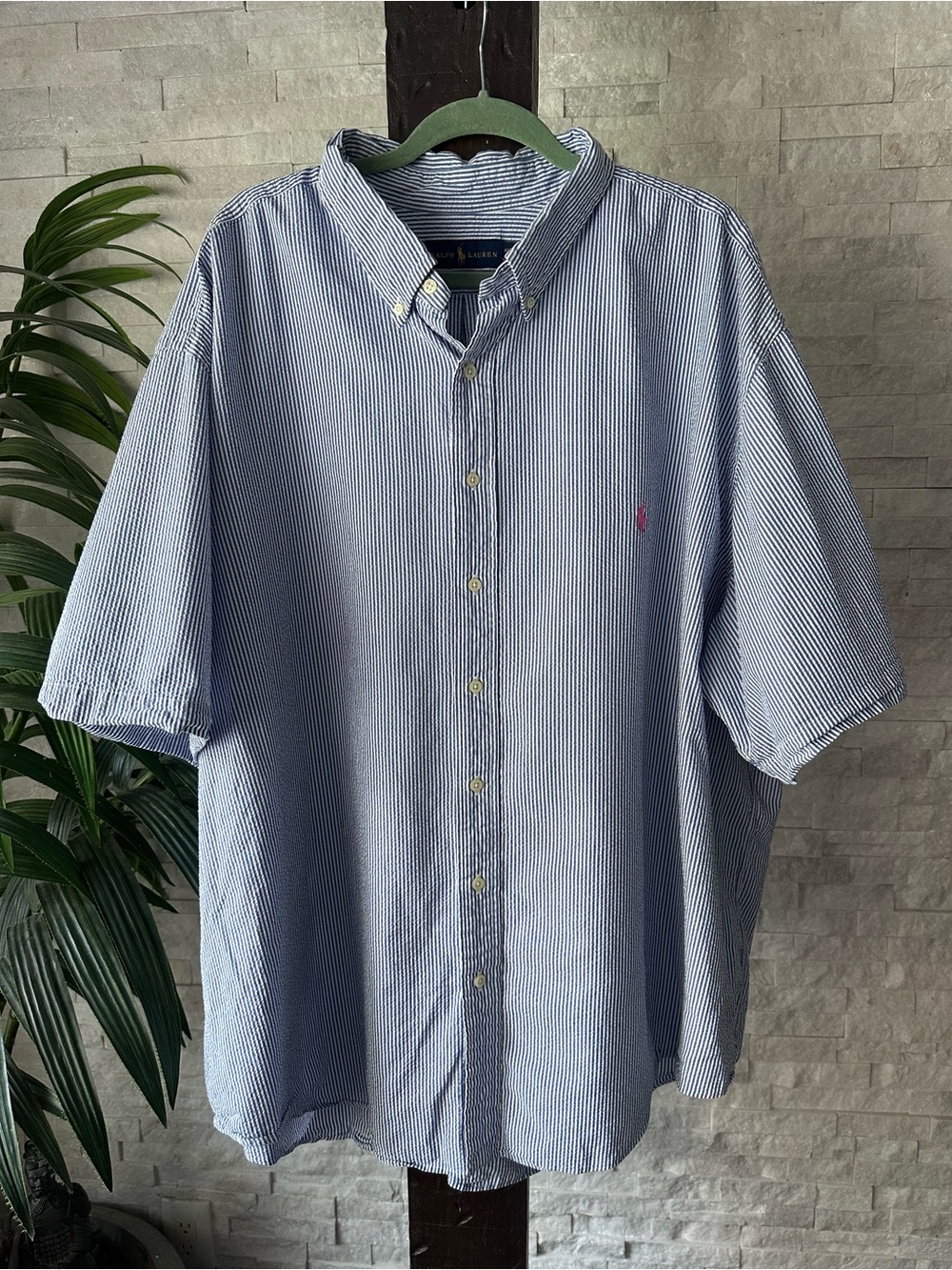 Ralph Lauren Blue Seersucker Short-Sleeve Button-Down Shirt Size 4XB